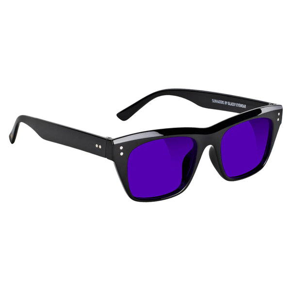 GLASSY sunglasses with polarized purple lenses, isolated on a white background.