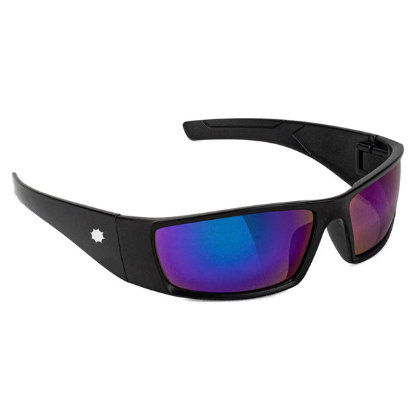 Glassy black wraparound polarized sunglasses with a star logo on the side and blue-purple reflective lenses, isolated on a white background.