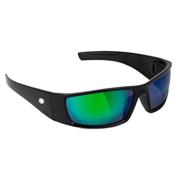 Black wraparound polarized sunglasses with green reflective lenses and a star logo on the side, isolated on a white background. Product Name: GLASSY PEET BLACK / GREEN MIRROR. Brand Name: GLASSY.