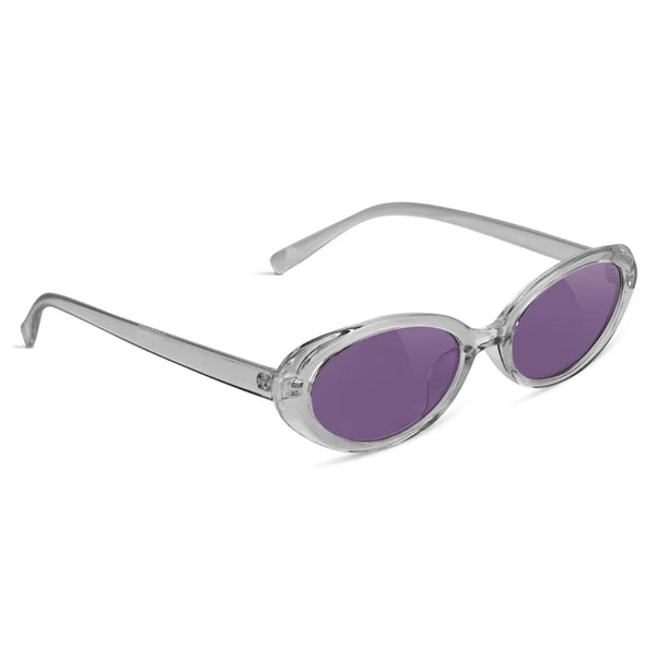 Clear round sunglasses with purple tinted, UV protected lenses on a white background. - Glassy Sunhaters Stanton Clear / Purple Lens by Glassy