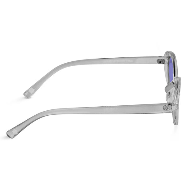 Clear, plastic-framed Glassy eyeglasses with UV protected, transparent arms shown on a white background.