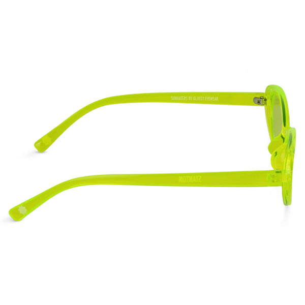 Neon yellow, transparent round sunglasses with polarized lenses and text on the temples, isolated on a white background. - GLASSY SUNHATERS STANTON LIME by GLASSY.