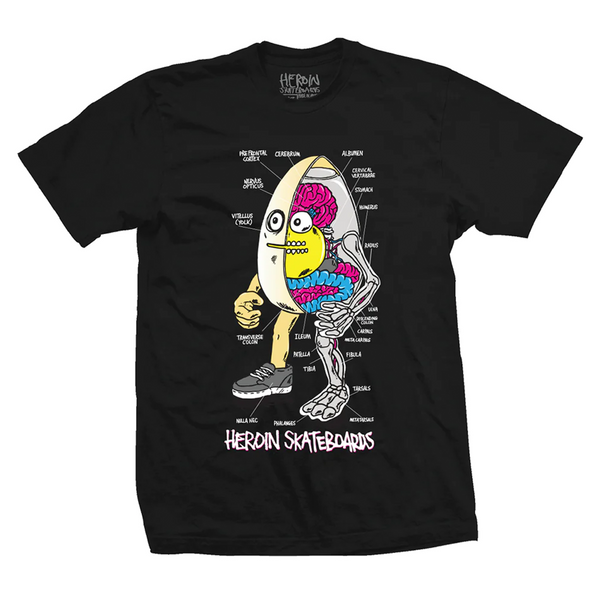 A "HEROIN ANATOMY OF AN EGG BLACK" t-shirt with a cartoon character on it.