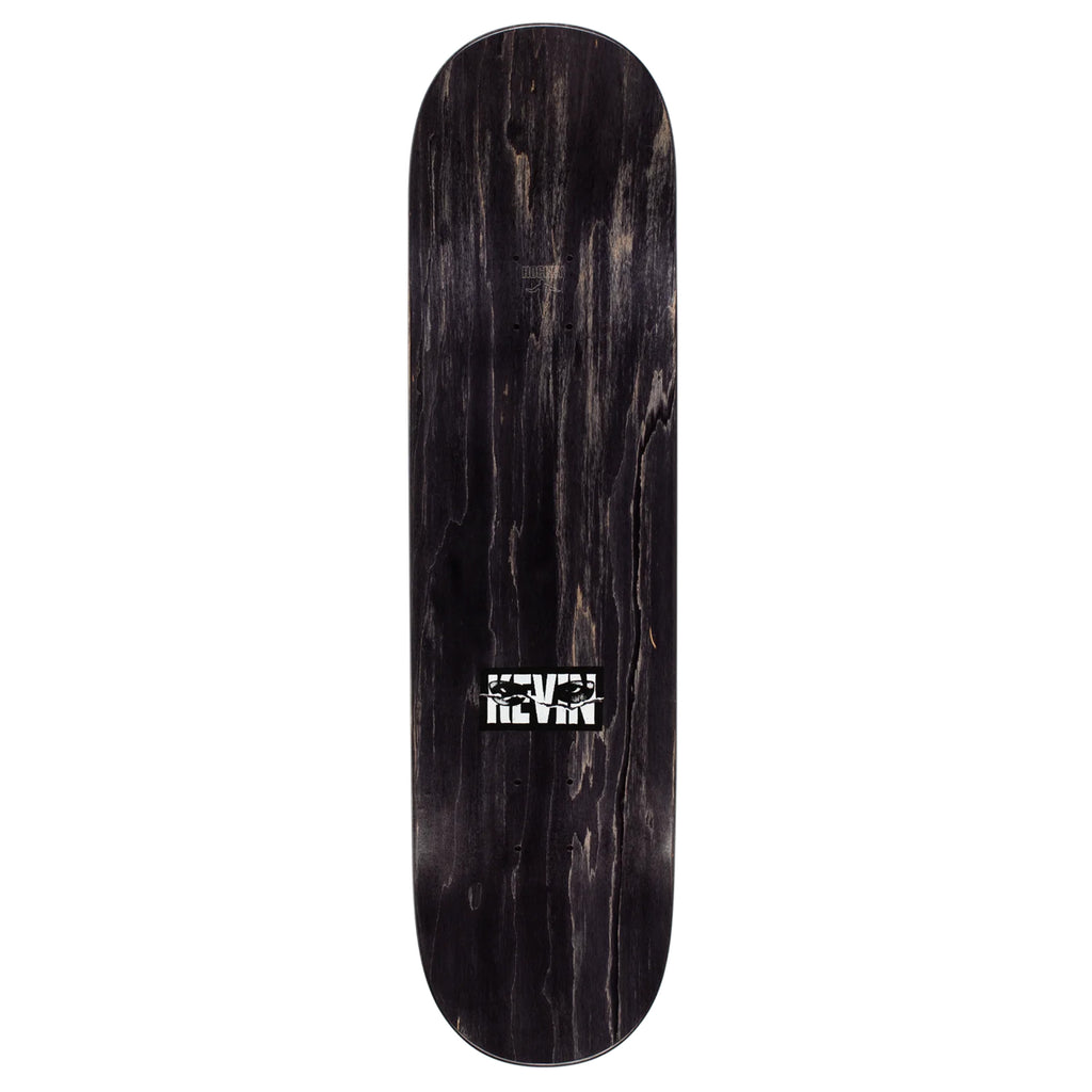 A black HOCKEY skateboard with a white logo featuring Kevin Rodrigues.
