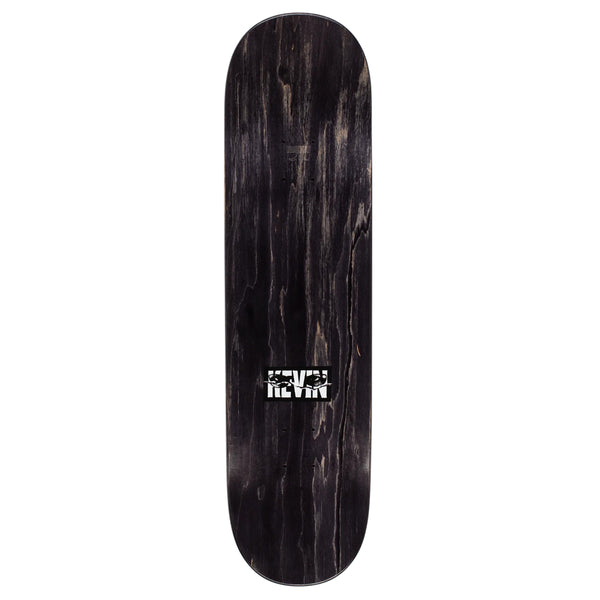 A black HOCKEY skateboard with a white logo featuring Kevin Rodrigues.