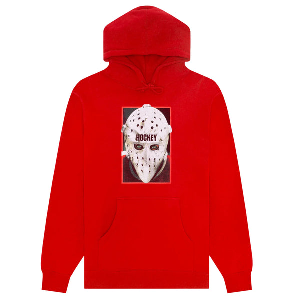 A HOCKEY red hockey hoodie featuring an image of a hockey mask.