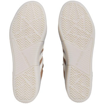 A pair of ADIDAS TYSHAWN PRELOVED BROWN / WHITE shoes with memory foam collar and rubber cupsole.
