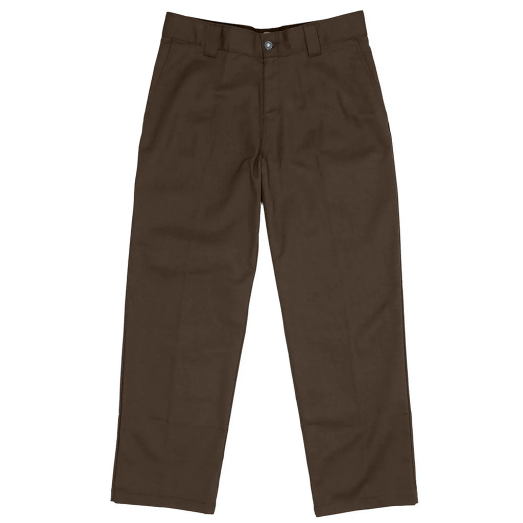 A pair of DICKIES JAMIE FOY LOOSE FIT STRAIGHT LEG PANT DARK BROWN trousers with a button and zip closure, front and back pockets, belt loops, and a straight leg fit made from FLEX brushed twill, displayed on a white background.