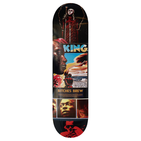 A skateboard featuring a collage of images, including a skeleton, a cosmic scene, and the text "KING MILES".