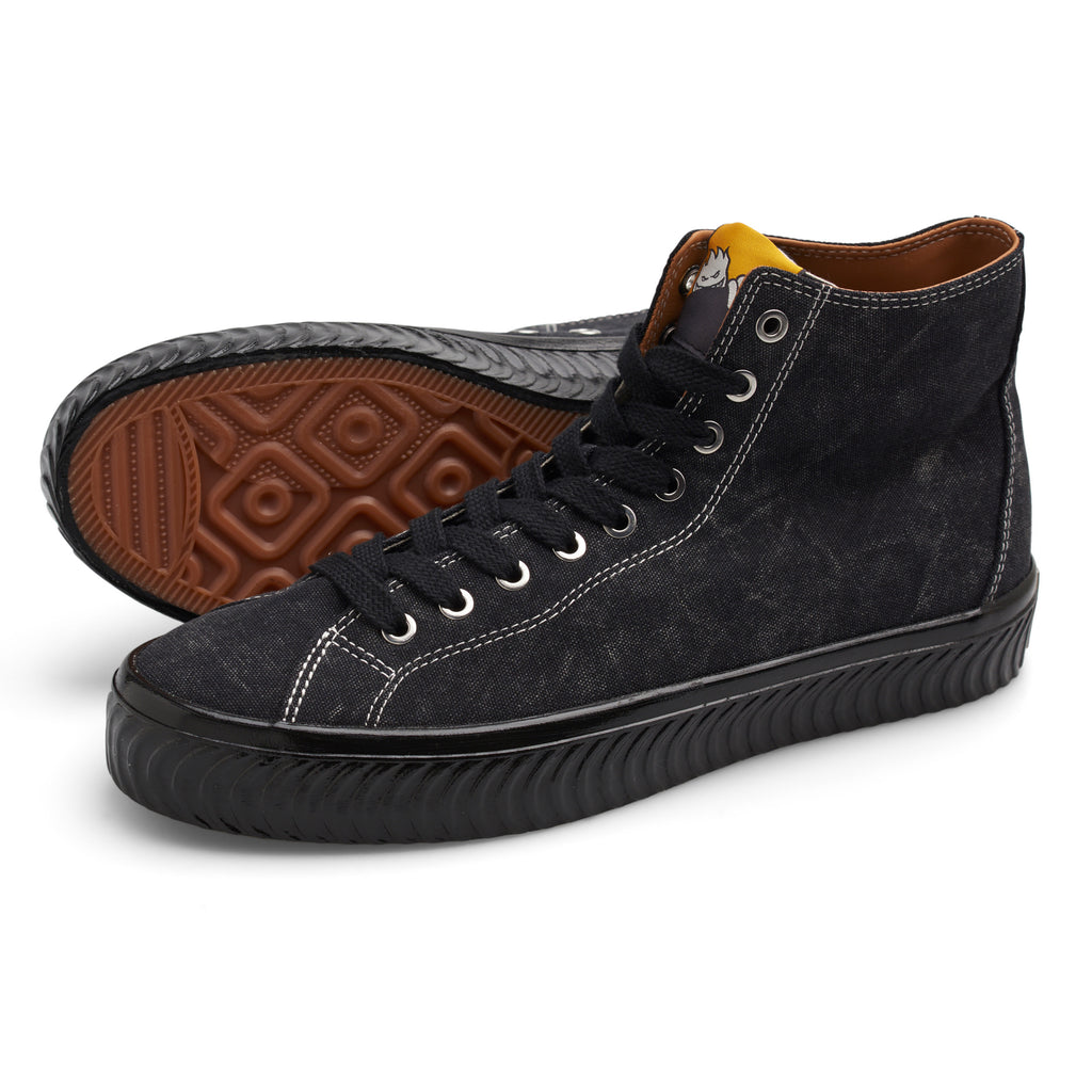 A LAST RESORT AB X SPITFIRE VM003 HI WASHED BLACK CANVAS high top sneaker with yellow soles.