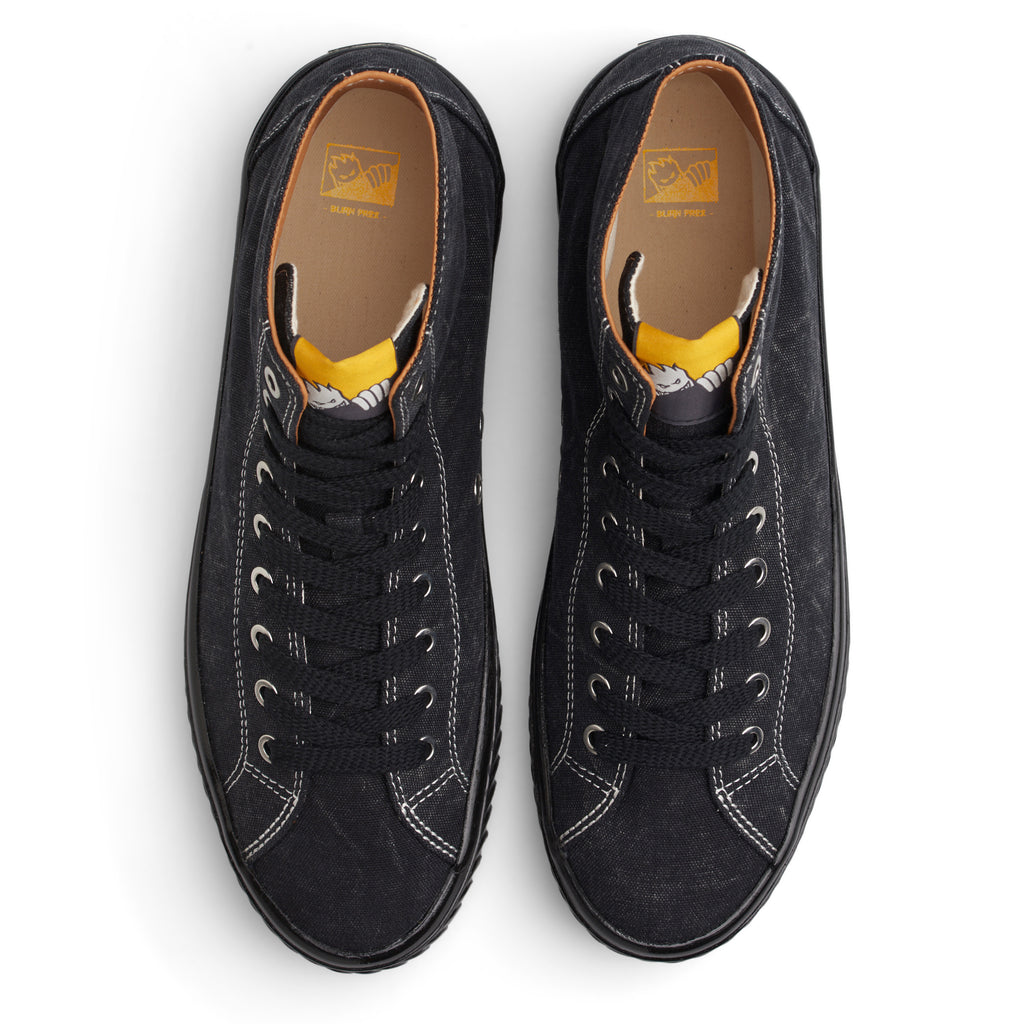 Last Resort AB X Spitfire VM003 Hi Washed Black Canvas black sneakers with yellow soles.