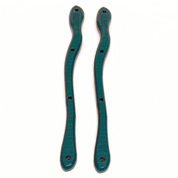 A pair of abstract shaped dark green skateboard rails with 4 holes.
