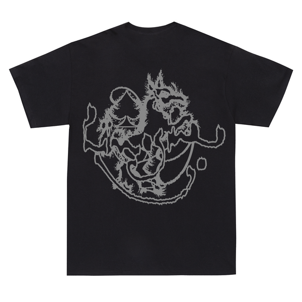 The back of a black LIMOSINE ASGARD tee with a dragon on it.