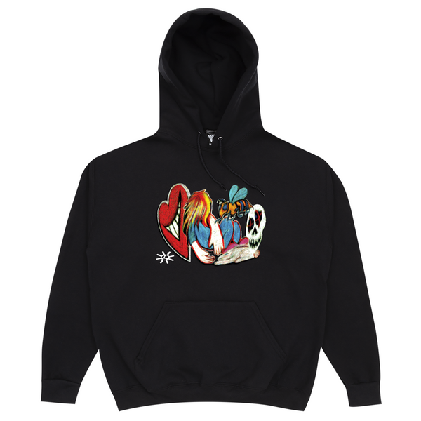 A black hoodie with an image of a heart, perfect for those who love dream city aesthetics or want to feel cozy in a trendy LIMOUSINE DREAM CITY garment.