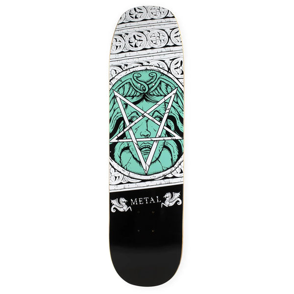 A skateboard deck with a teal picture of medusa head covered by an upside down star.