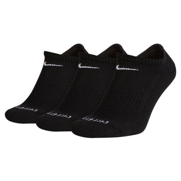 Three pairs of black nike Everyday no-show socks with white brand logos.
