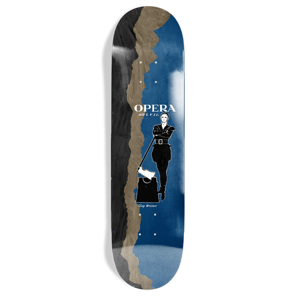 A OPERA KREINER CUTTER skateboard crafted from North American Maple, featuring an opera-themed graphic with a male figure in a military uniform and the word "opera" at the top.