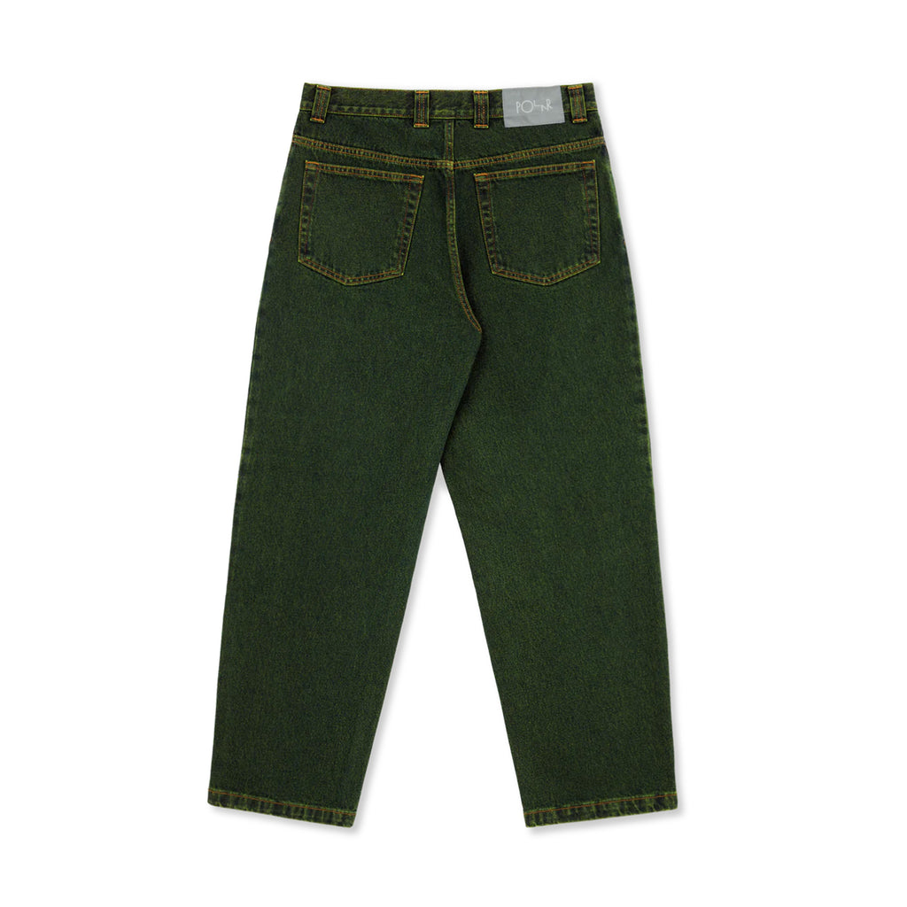 Back view of a pair of POLAR '93! DENIM CHARTREUSE / BLUE by POLAR, dark green, semi baggy fit, straight-leg denim jeans with two back pockets and belt loops, made from 100% cotton.
