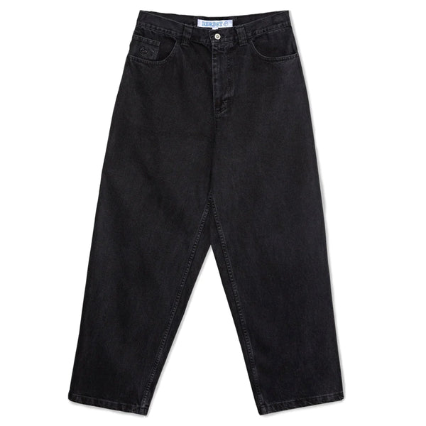 A pair of POLAR high waisted black jeans on a white background.