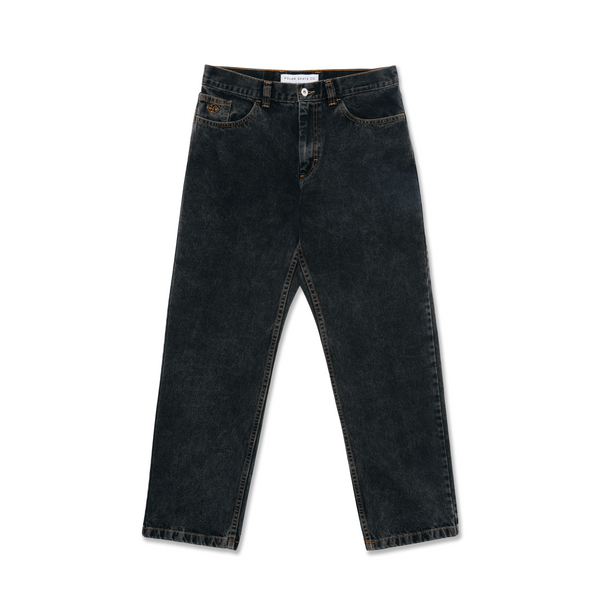 A pair of POLAR '89! DENIM WASHED BLACK jeans laid out flat on a white background.