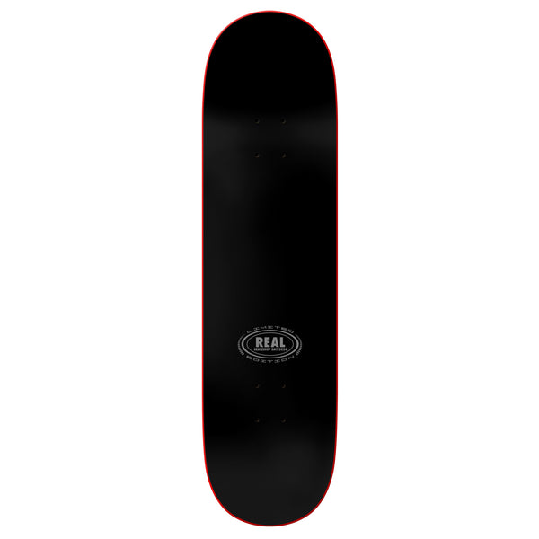 A black REAL skateboard with a red logo on it, featuring the TRUE FIT MOLD technology.