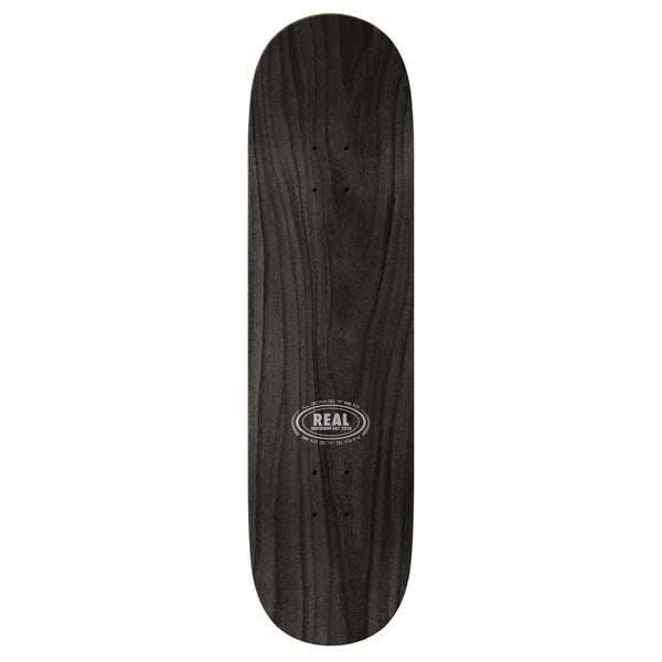 A black top stained skateboard with a REAL logo on it.