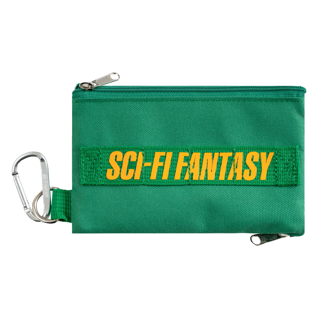 A green SCI-FI FANTASY CARRY-ALL pouch with the word SCI-FANTASY on it.