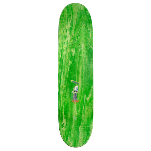 A green SCI-FI FANTASY skateboard with a cartoon character on it, featuring COREY GLICK.