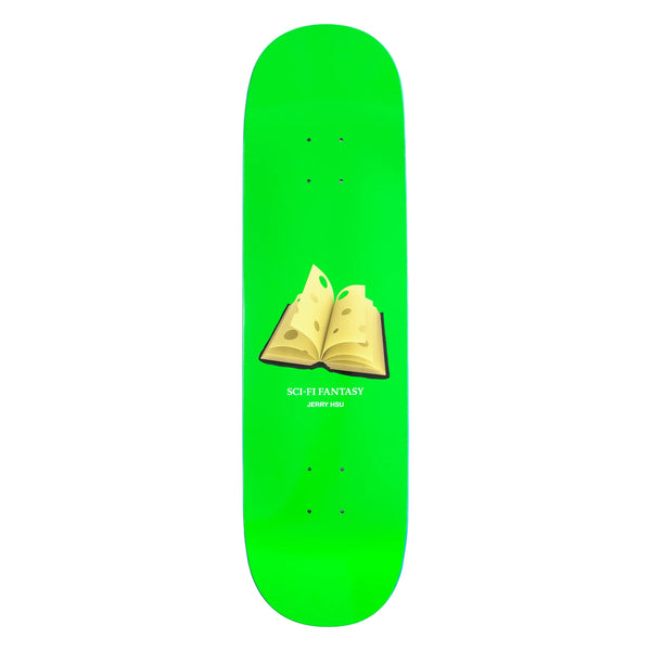 A green SCI-FI FANTASY skateboard with a Jerry Hsu Swiss book on it.