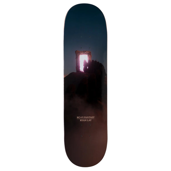 A SCI-FI FANTASY skateboard with an image of a door in the sky, giving it a sci-fi vibe.