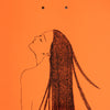 A drawing of a woman with long hair on an orange background, depicting SCI-FI FANTASY's SPIRITUAL DARKNESS vibe.
