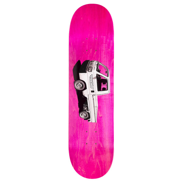 A pink skateboard with a SCI-FI FANTASY TRUCK on it for SCI-FI FANTASY enthusiasts.