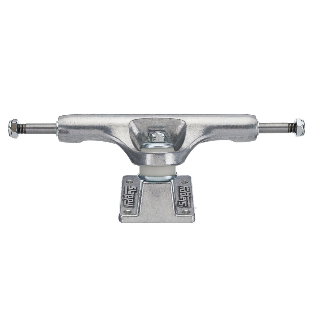 A silver SLAPPY TRUCKS SLAPPY ST1 HOLLOW 8.25 (SET OF TWO) skateboard truck on a white background.
