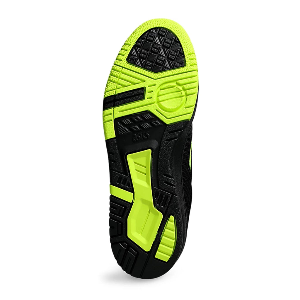 Bottom view of the ASICS VIC NBD BLACK/GRAPHITE GREY sneaker with a black, green, and neon yellow sole featuring robust tread patterns and brand logo.