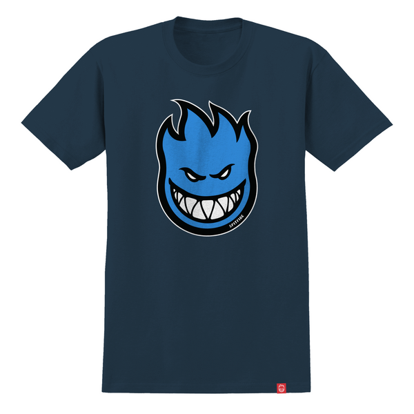 A Deluxe SPITFIRE BIGHEAD FILL TEE NAVY / BLUE with an angry face printed on it.