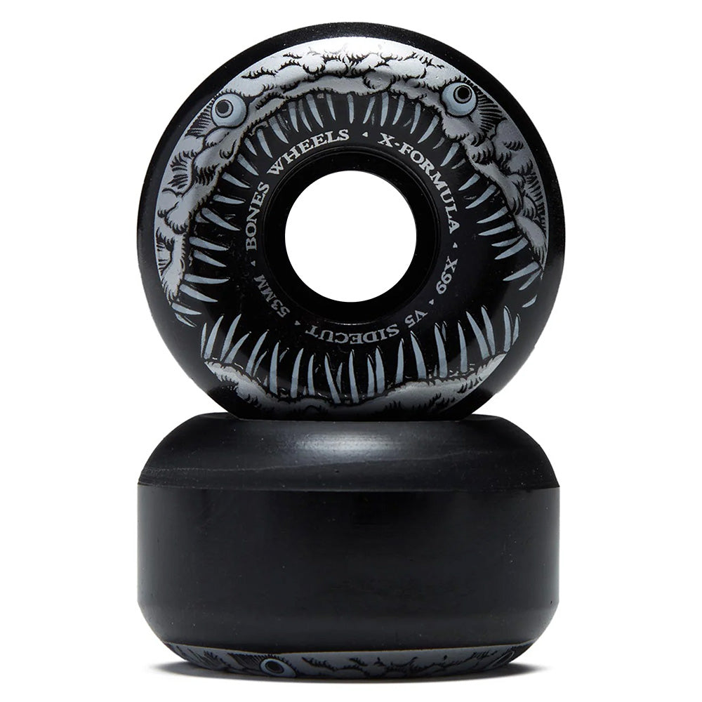 The black BONES X-FORMULA V5 SIDECUT 53MM 99A DARK WATERS skateboard wheels feature a shark mouth design for high performance, with the brand and model printed on them. One durable wheel stands upright, while another lies flat below.