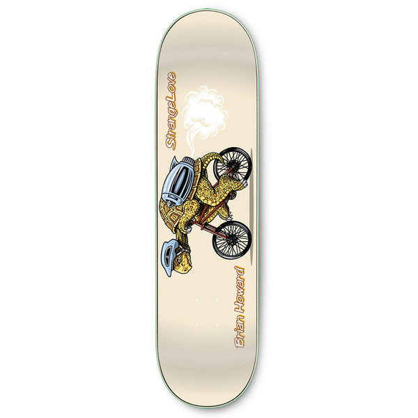 A STRANGELOVE skateboard deck featuring an illustration of a cheetah on a bicycle, designed by Sean Cliver, with intricate patterns and decorative elements like clouds, framed by the deck’s natural wood color.