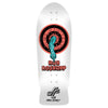 A white SANTA CRUZ ROSKOPP ONE REISSUE skateboard deck with a MEEK OG SLASHER REISSUE design from Santa Cruz.