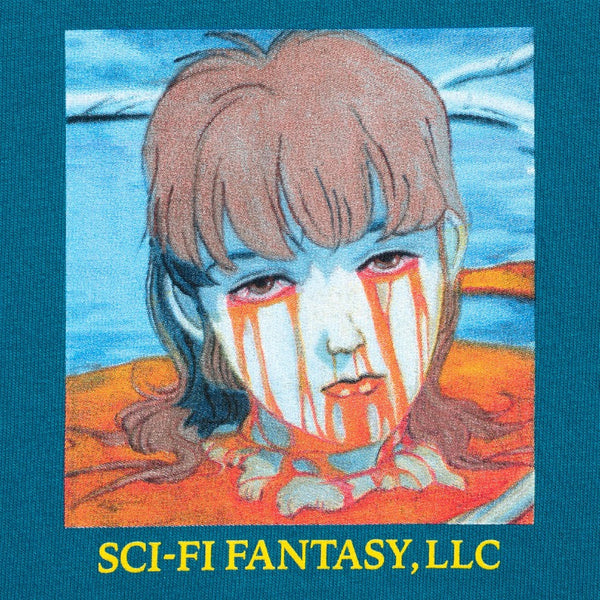 A close up of a drawing of a person's cut off head and blood dripping on their face, with the words "sci-fi fantasy, llc".
