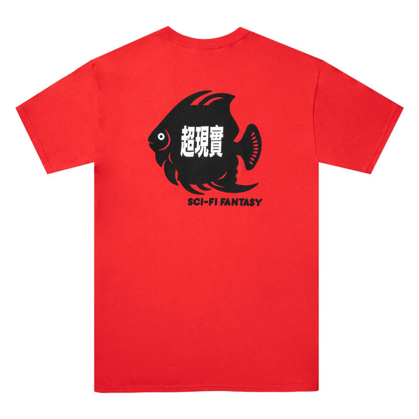 A black fish printed on the back of a SCI-FI FANTASY FISH POCKET TEE RED shirt.
