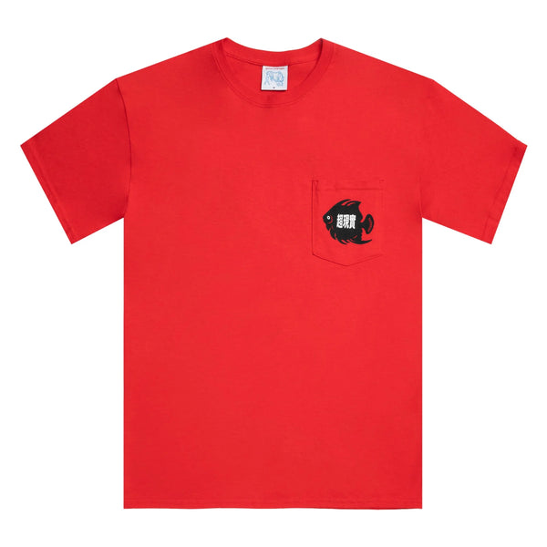 A SCI-FI FANTASY red pocket tee with a fish printed on it.