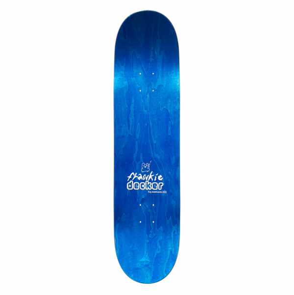 The top of a blue stained skateboard that has a small hamster and text that says "frankie decker".