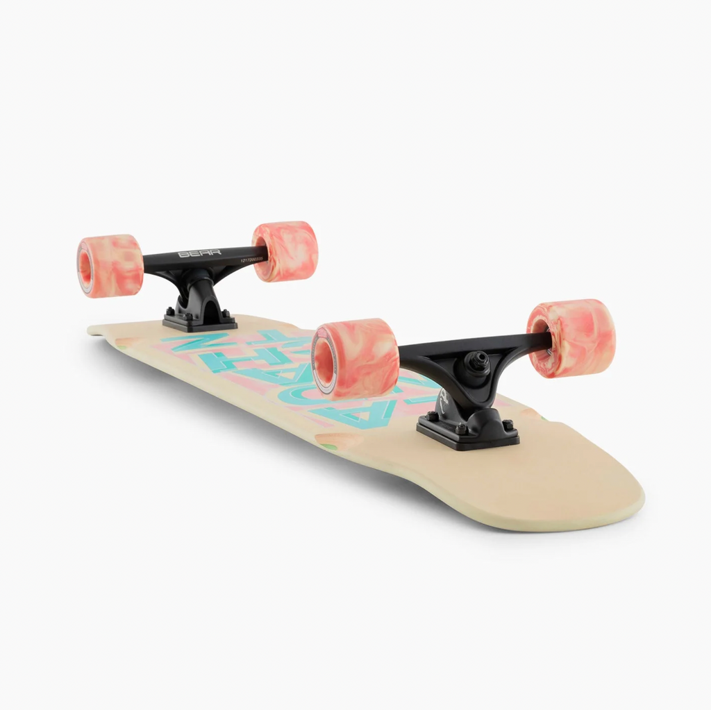 A LANDYACHTZ TONY DANZA WATERCOLOR LONGBOARD with pink and blue wheels on a white background.