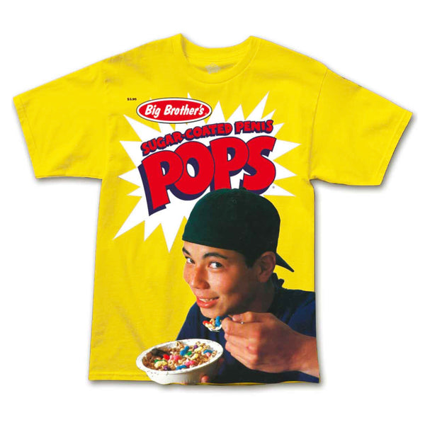 A yellow THANK YOU TIM GAVIN TEE with a man eating cereal, Strangelove.