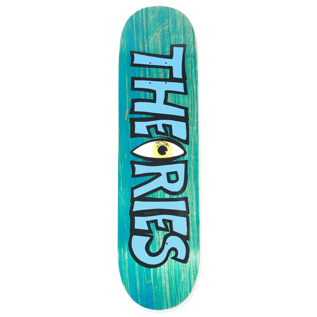 A THEORIES THAT'S LIFE skateboard deck with the word "THEORIES" and an eye graphic in the center, measuring 8.5 inches wide.
