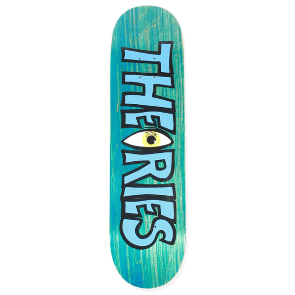 A THEORIES THAT'S LIFE skateboard deck with the word "THEORIES" and an eye graphic in the center, measuring 8.5 inches wide.