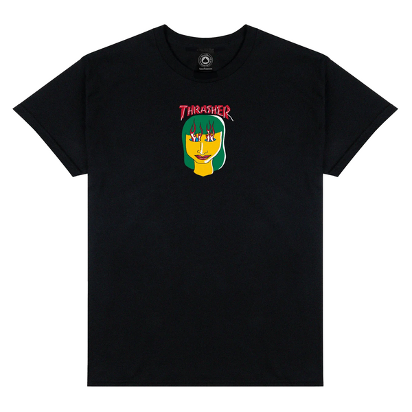 A black THRASHER t-shirt with a woman's face on it featuring the TALK SHIT logo by GONZ.