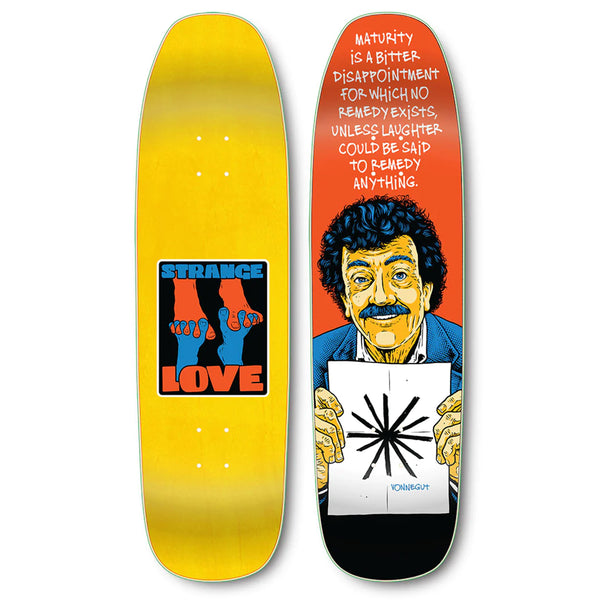 A STRANGE LOVE LAST MATURITY skateboard featuring a HAND SCREENED picture of a man with a mustache, creating a STRANGE LOVE aesthetic. (Brand Name: STRANGELOVE)