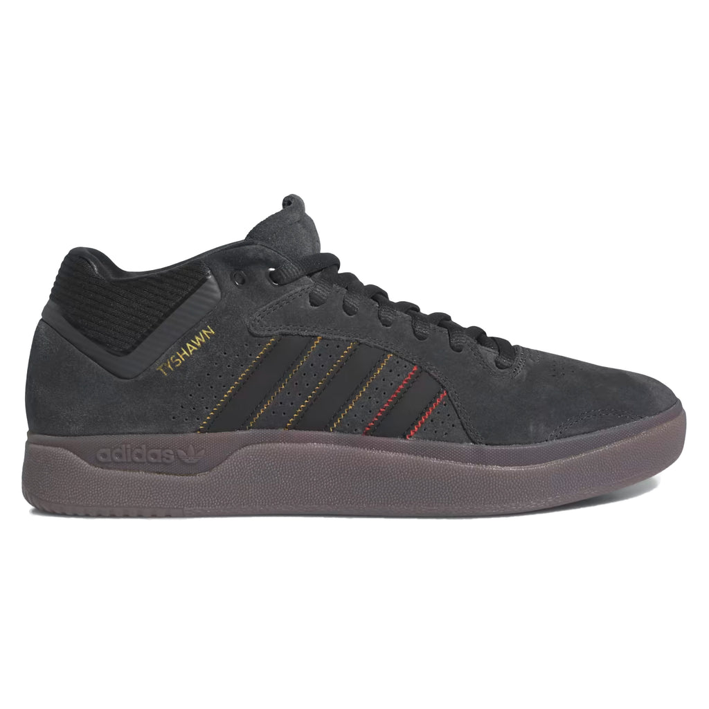 A black and red ADIDAS TYSHAWN CARBON / CORE BLACK / PRELOVED BROWN shoe with a red stripe.