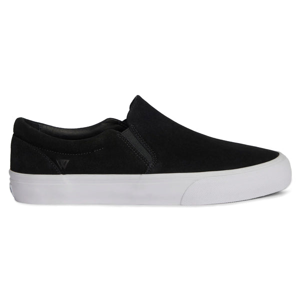 The WAR SAW STRANGER BLACK / WHITE from WAR SAW is a black slip-on sneaker with a plain design and skate-inspired footwear style, featuring a white sole.